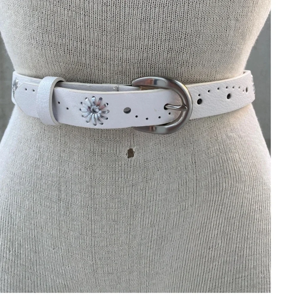 White Belt, Vintage Hole Patterned Belt, Silver Tone Buckle